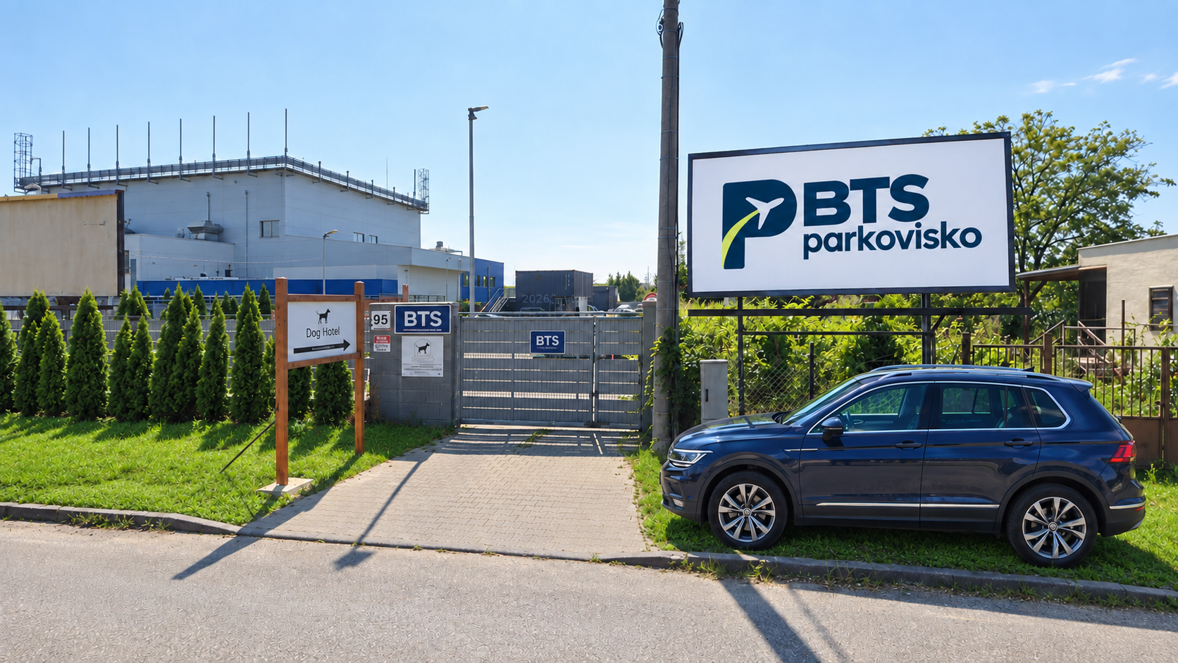 Vizualizácia vstupu do BTS parkoviska s vozidlom Volkswagen Tiguan a billboardom BTS